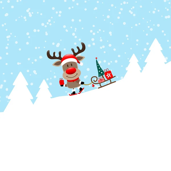 Reindeer Rides Ski Sleigh Downhill Forest Snow Blue — Stock Vector