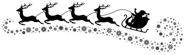 Svart Jul Släde Santa Och Fyra Flygande Renar Snöflingor Nedan — Stock vektor