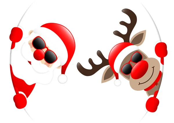Lunettes Soleil Santa Reindeer Regardant Intérieur Bannière Ronde — Image vectorielle
