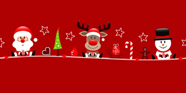 Banner Weihnachtsmann Rentier Und Schneemann Mit Symbolen Rot — Stockvektor