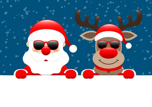 Weihnachtsmann Und Rentier Sonnenbrille Horizontal Banner Schnee Dunkelblau — Stockvektor