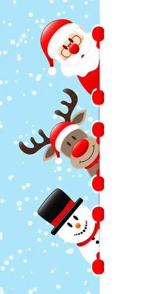 Weihnachtsmann Rentiere Und Schneemann Übereinander Banner Links Schneeblau — Stockvektor