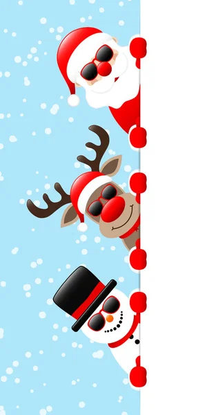 Santa Renos Muñeco Nieve Gafas Sol Uno Encima Otra Bandera — Vector de stock