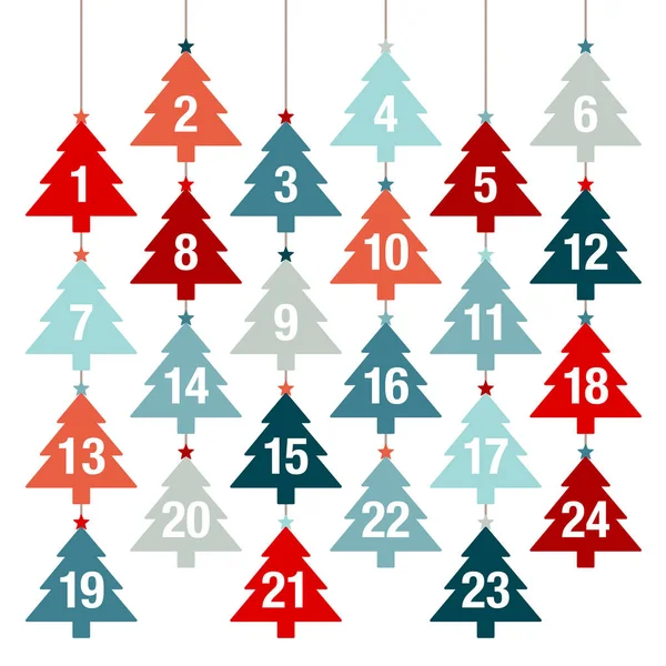 Calendário Advento Pendurado Árvores Natal Linhas Vermelho Azul — Vetor de Stock