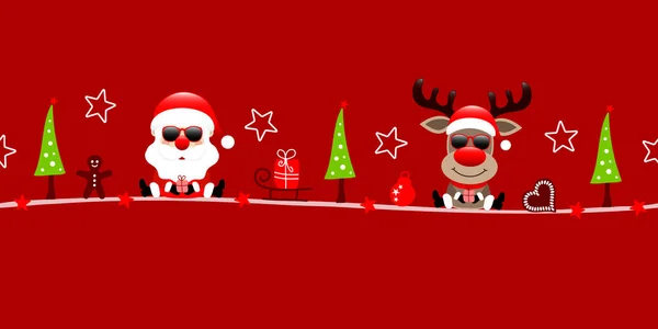 Banner Santa Reno Gafas Sol Iconos Navidad Rojo — Vector de stock