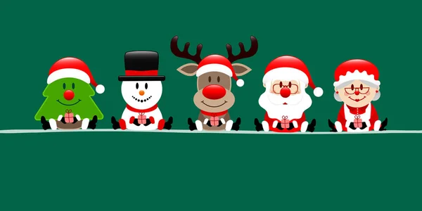 Banner Christmas Tree Snowman Reindeer Santa Wife Dark Green — Stock Vector