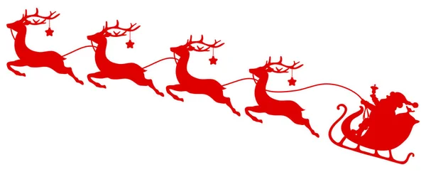 Silhueta Natal Vermelho Sleigh Santa Quatro Renas Voadoras Com Estrelas — Vetor de Stock