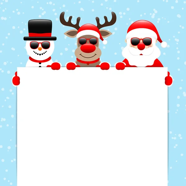 Snowman Reindeer Santa Lunettes Soleil Tenant Étiquette Neige Bleu Clair — Image vectorielle