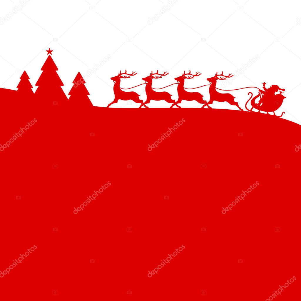 To The Left Running Christmas Sleigh Four Reindeers In Forest Red