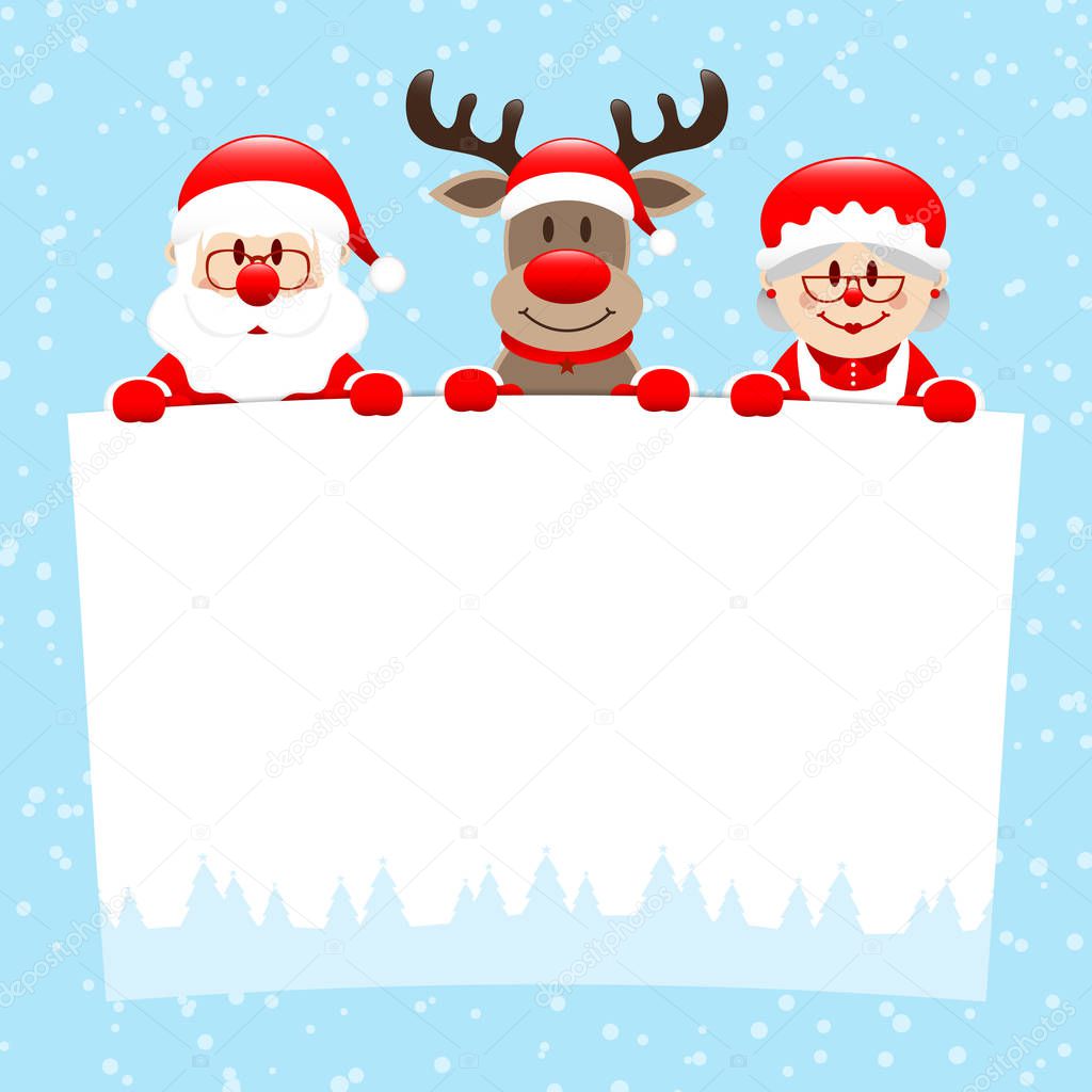 Santa Reindeer And Mrs Santa Holding Wish List Snow Blue