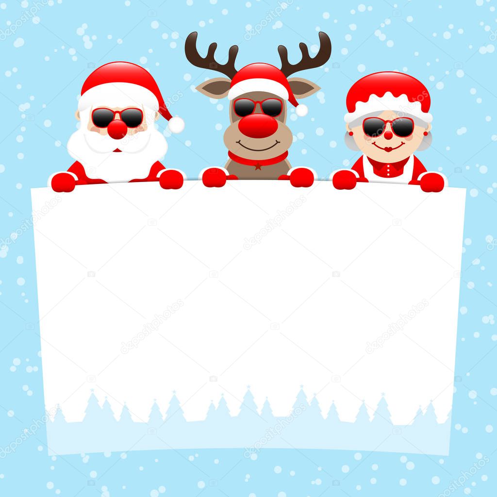 Santa Reindeer And Wife With Sunglasses Holding Wish List Snow Blue