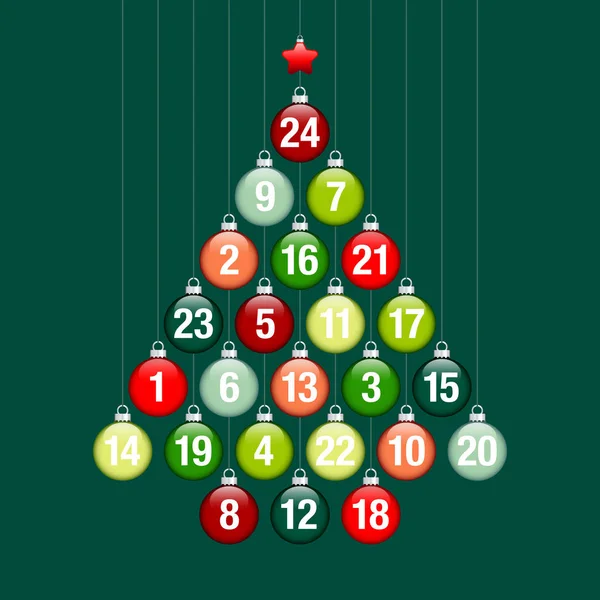Calendario Dell Avvento Albero Astratto Appendere Lucido Baubles Natale Verde — Vettoriale Stock