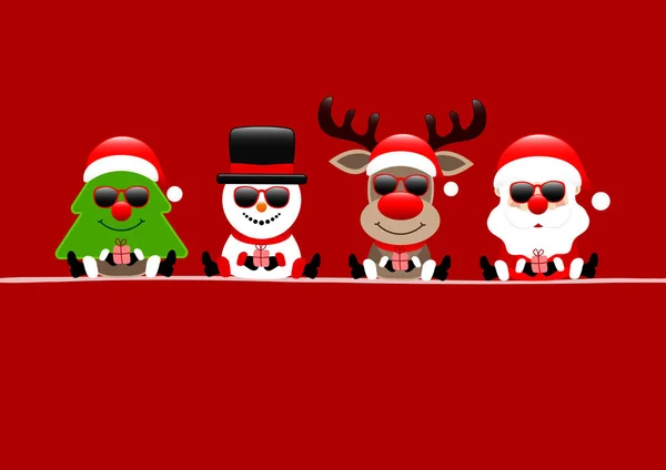 Weihnachtskarte Baum Schneemann Rentier Und Weihnachtsmann Sonnenbrille Rot — Stockvektor