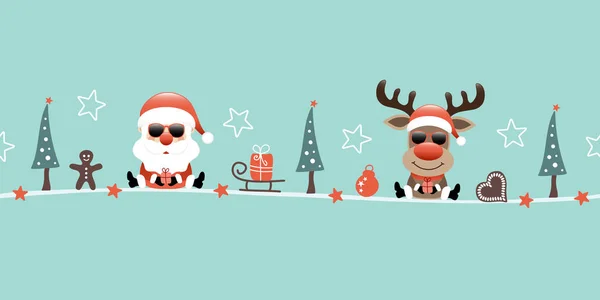 Banner Santa Claus Reno Gafas Sol Iconos Navidad Turquesa — Vector de stock