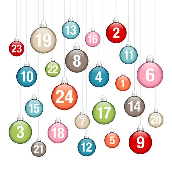 Calendrier Avent Pendaison Boules Noël Brillantes Couleurs Rétro — Image vectorielle