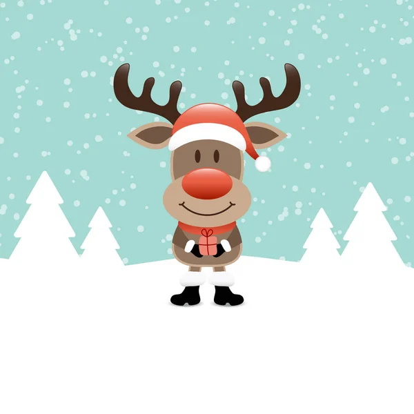 Reindeer Gift Standing Snow Turquoise — Stock Vector
