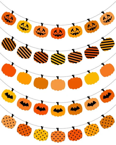 Ensemble Cinq Guirlandes Halloween Citrouilles Modèle Orange Noir — Image vectorielle