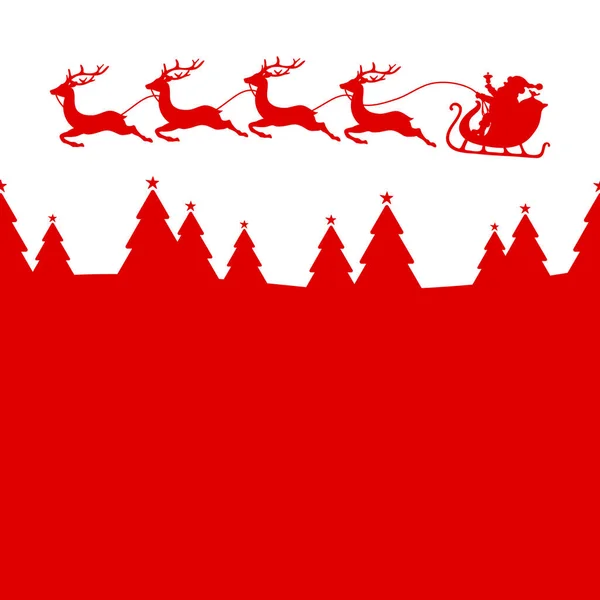 Left Flying Christmas Sleigh Santa Claus Four Reindeers Forest Red — Stock Vector