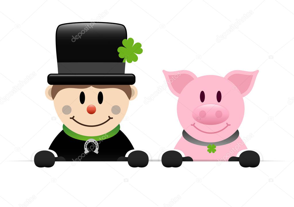 Chimney Sweeper And Pig Wih Gloves Holding Horizontal Banner