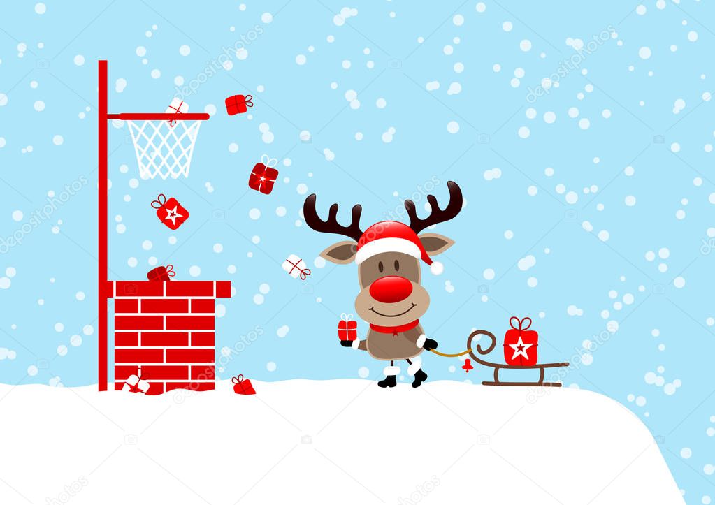Reindeer On Roof With Sleigh Basketball Snow Light Blue
