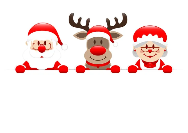 Weihnachtsmann Rentier Und Frau Weihnachtsmann Mit Horizontalem Banner — Stockvektor