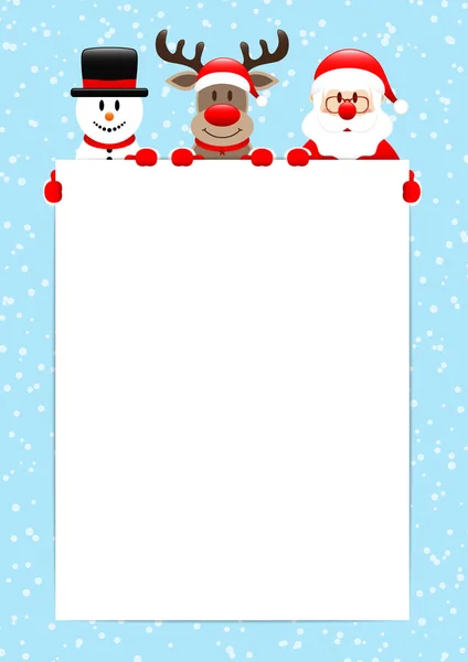 Олень Снеговик Санта Держа Плакат Снежный Голубой — стоковый вектор