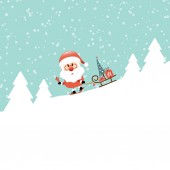 Weihnachtsmann klingelt Glocke fahren Skischlitten bergab im Wald Schnee türkis