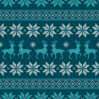Kusursuz desensiz Noel Norveçli Nakış Koyu Mavi Turkuaz Beyaz
