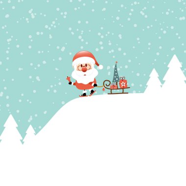 Noel Baba dağ turkuazında kayak ve kızakla zili çalıyor.