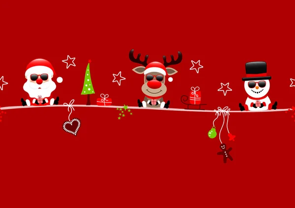 Carton Rouge Père Noël Renne Bonhomme Neige Avec Des Icônes — Image vectorielle