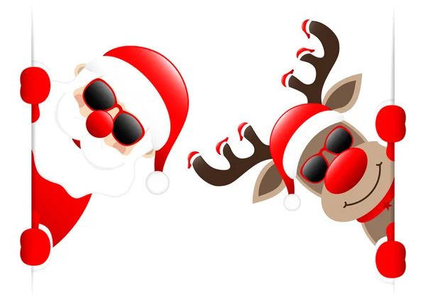 圣诞老人和驯鹿带着七只帽子的太阳镜向内张望 — 图库矢量图片