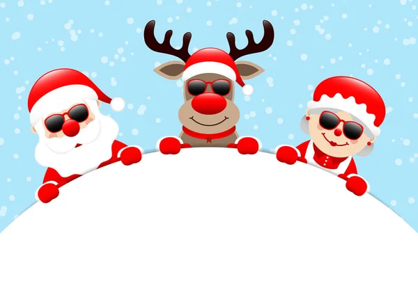Santa Reindeer Mrs Santa Sunglasses Holding Banner Snow Light Blue — стоковый вектор