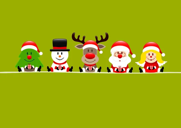 浅绿卡树雪人驯鹿圣诞老人和天使 — 图库矢量图片