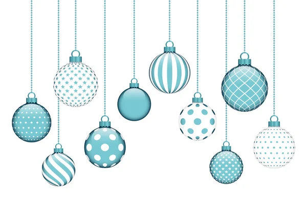 Card Ten Hanging Christmas Baubles Different Pattern Turquoise White — 图库矢量图片