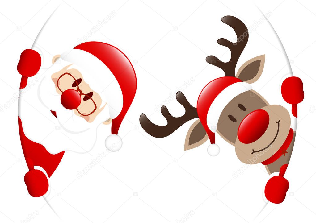 Dark Red Santa Claus And Reindeer Looking Inside Round Banner