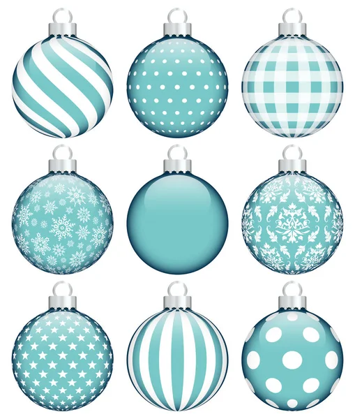 Set Nine Christmas Baubles Pattern Turquoise White Silver — ストックベクタ