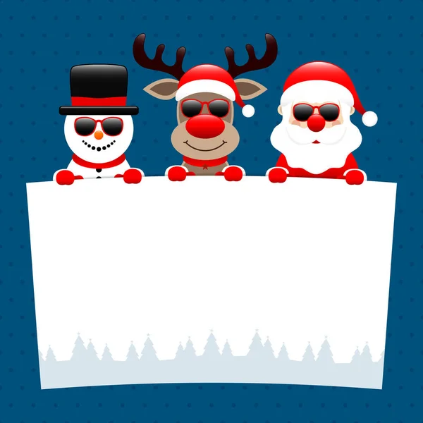 Snowman Reindeer Santa Lunettes Soleil Holding Wish List Pois Bleu — Image vectorielle