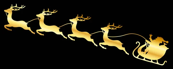 Силуэт Golden Christmas Sleigh Santa Four Flying Reindeers Black — стоковый вектор