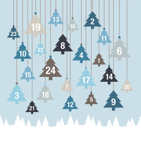 Calendario Adviento Árboles Colgantes Sobre Bosque Azul Gris — Vector de stock