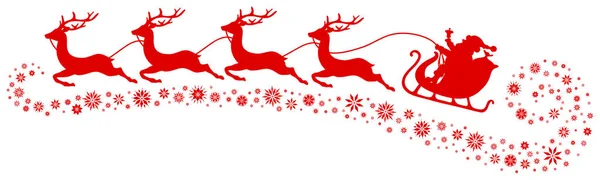 Röd Jul Sleigh Santa Och Fyra Flygande Renar Snöflingor Nedanför — Stock vektor
