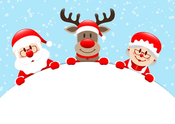 Santa Reindeer Mme Santa Holding Bannière Ronde Snow Light Blue — Image vectorielle