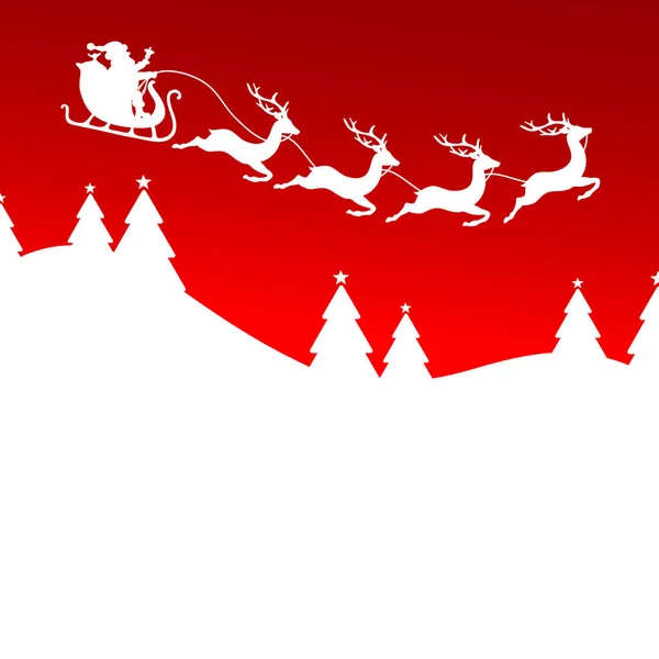 Santa Claus Vánoční Sáně Čtyři Sobi Les Červené Pozadí Bílá — Stockový vektor