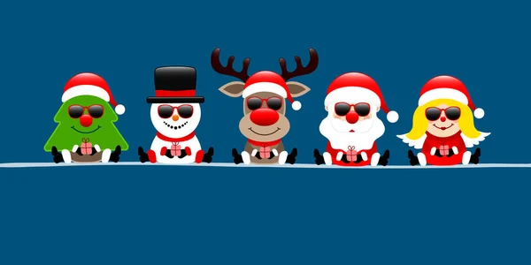 Banner Tree Snowman Reindeer Santa Angel Sunglasses Dark Blue — ストックベクタ
