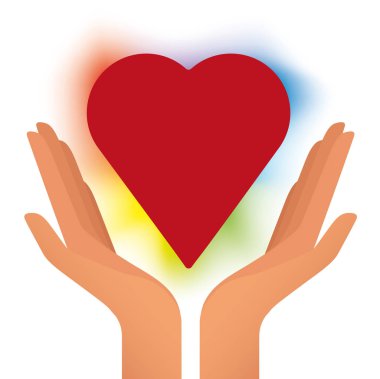 Renkli yanan bir kalbi destekleyen iki el.