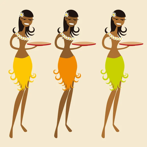 Tres bailarinas sonrientes camareras hawaianas aisladas. Estilo cómico . — Vector de stock