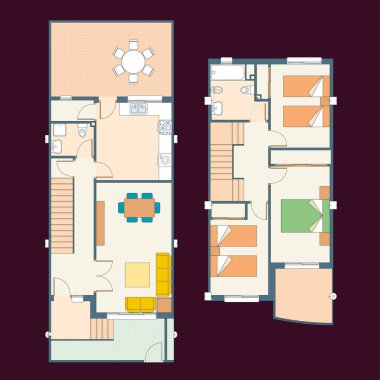 Mobilya ve diğer unsurları ile ev planı.
