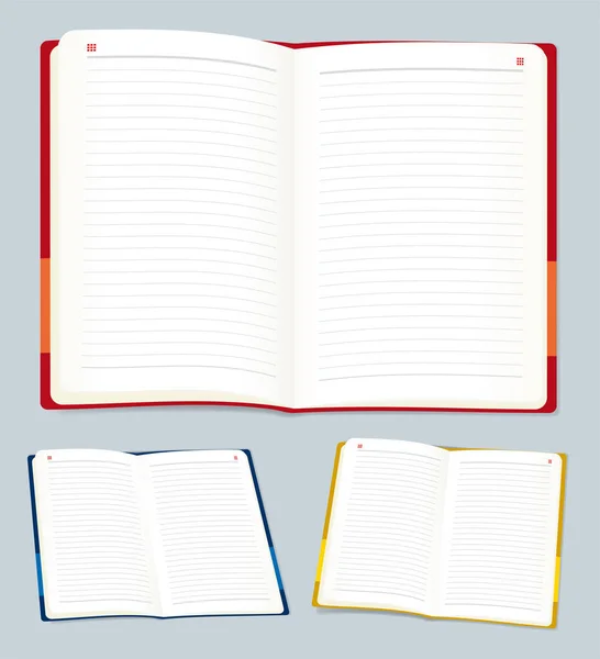 Öppna anteckningsboken i olika positioner och färger. — Stock vektor