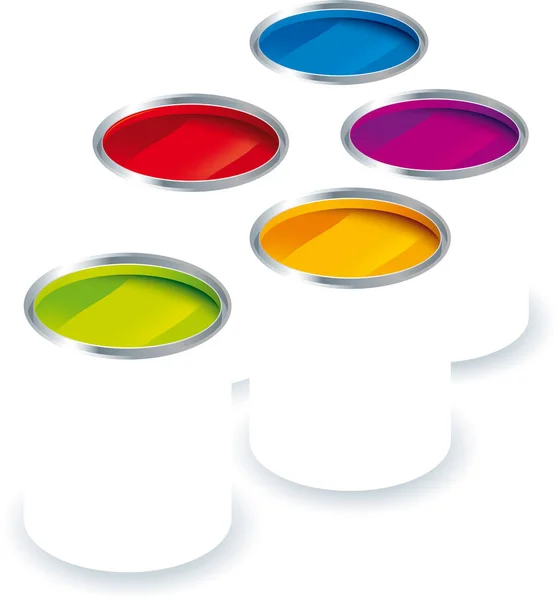 Cinq boîtes de peinture colorées et ouvertes. Espace de copie . — Image vectorielle