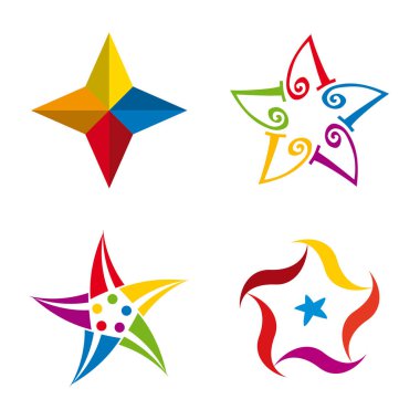Dört renkli yıldız simgeleri kümesi. Geometrik.