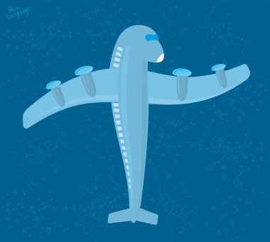 İnsanlaştırılmış karikatür uçak selamlama. Mavi yıldızlı arka plan.